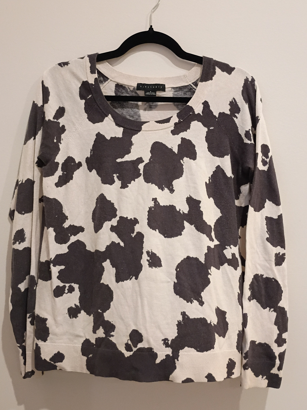 SANCTUARY ||  Cashmere Cream and Charcoal Cow Print Sweater Sz. S